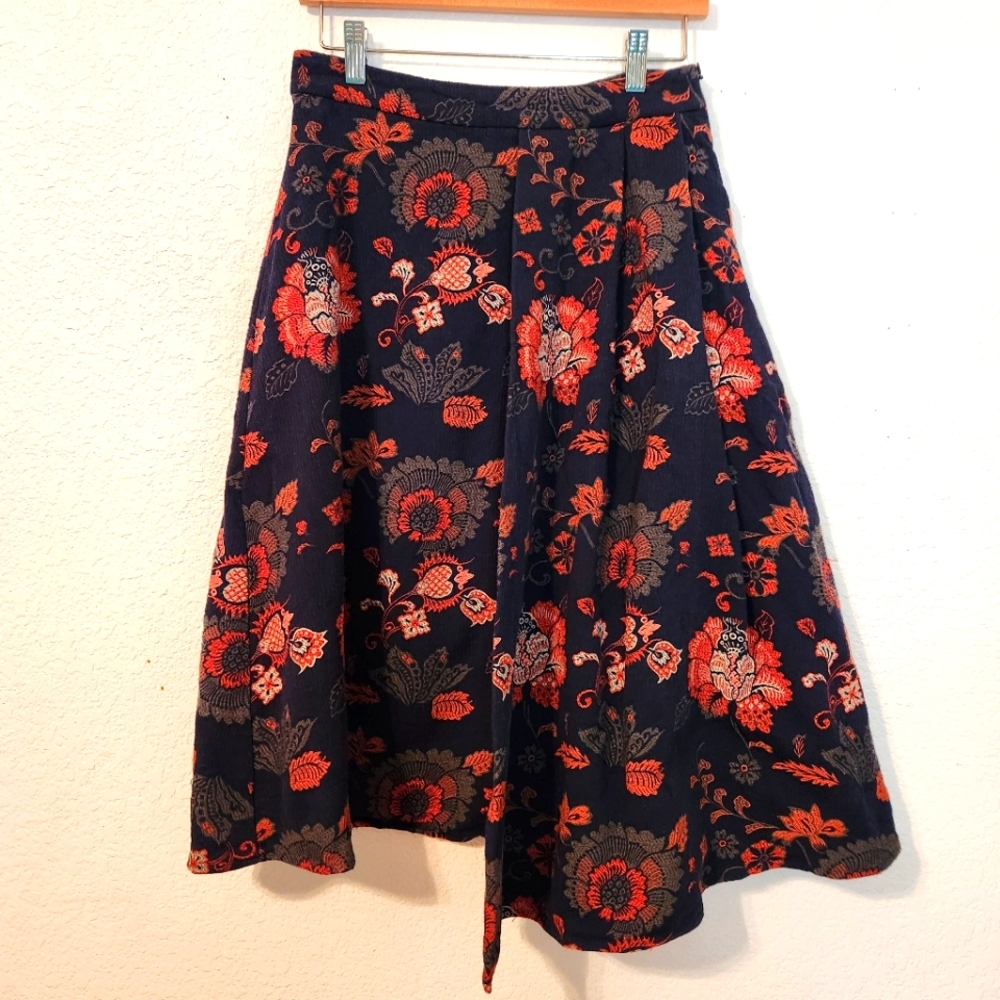 Eva Franco Allas Wrap Sapphire Damask Style Skirt Burnt Sienna Flowers